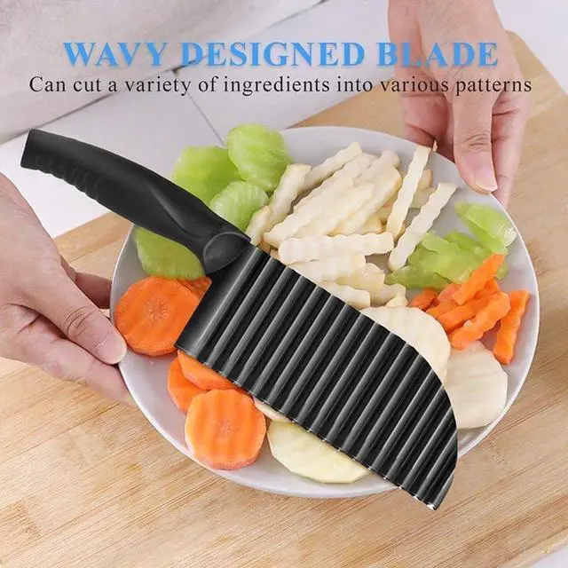 Alt view image 6 of 7 - Crinkle Potato Cutter 2.9" x 11.8" Stainless Steel Waves French Fries Slicer Handheld Chipper Chopper, Vegetable Salad Chopping Knife Home Kitchen Wavy Blade Cutting Tool, Black (1 Pack)