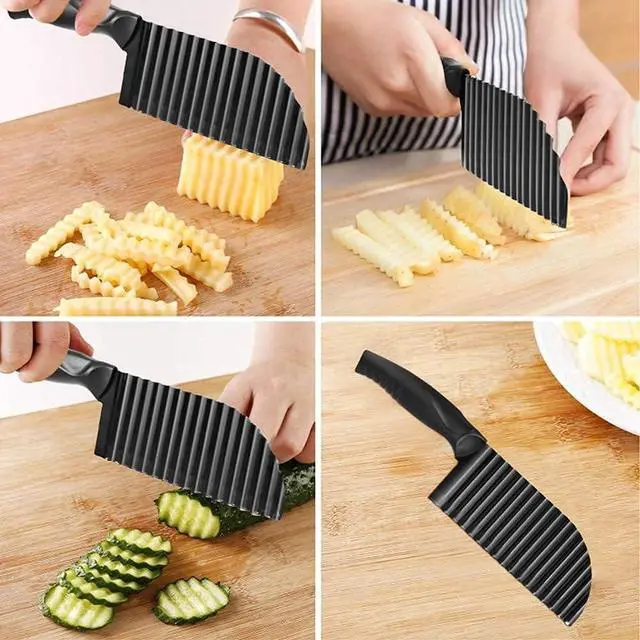 Alt view image 7 of 7 - Crinkle Potato Cutter 2.9" x 11.8" Stainless Steel Waves French Fries Slicer Handheld Chipper Chopper, Vegetable Salad Chopping Knife Home Kitchen Wavy Blade Cutting Tool, Black (1 Pack)