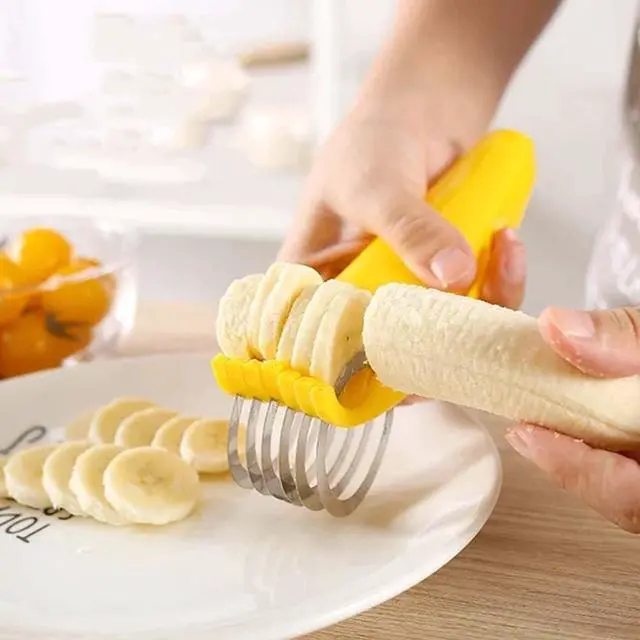 Alt view image 5 of 6 - Yellow Food Manual Slicer, Stainless Steel Food Slicer, Banana Strawberry Cucumber Carrot Egg Vegetable Fruit Multifunctional, Handheld Portable Peeling, Grating and Slicing Tools