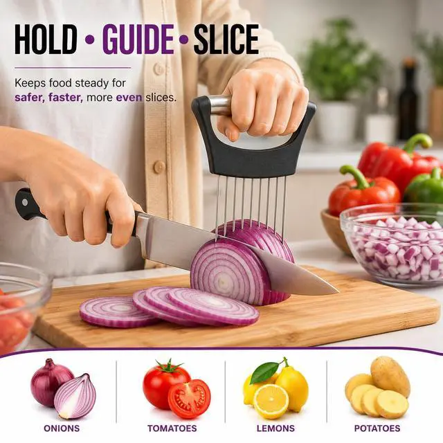 Alt view image 2 of 7 - Slicer Holder, 304 Stainless Steel Onion Cutter Tool with 10 Prongs, Vegetable Cutting Guide for Safe & Even Slicing, Food Prep Holder for Onion, Tomato & Potato