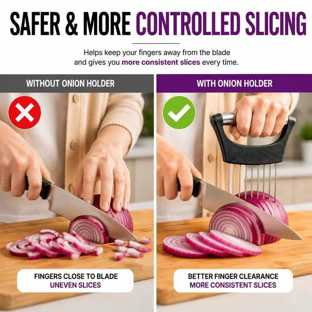 Alt view image 3 of 7 - Slicer Holder, 304 Stainless Steel Onion Cutter Tool with 10 Prongs, Vegetable Cutting Guide for Safe & Even Slicing, Food Prep Holder for Onion, Tomato & Potato