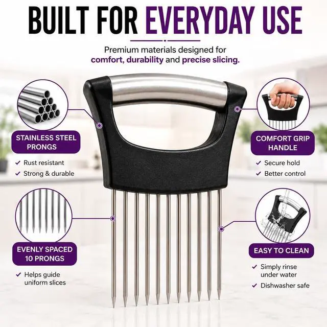 Alt view image 4 of 7 - Slicer Holder, 304 Stainless Steel Onion Cutter Tool with 10 Prongs, Vegetable Cutting Guide for Safe & Even Slicing, Food Prep Holder for Onion, Tomato & Potato