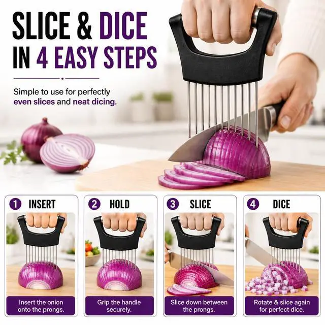 Alt view image 5 of 7 - Slicer Holder, 304 Stainless Steel Onion Cutter Tool with 10 Prongs, Vegetable Cutting Guide for Safe & Even Slicing, Food Prep Holder for Onion, Tomato & Potato