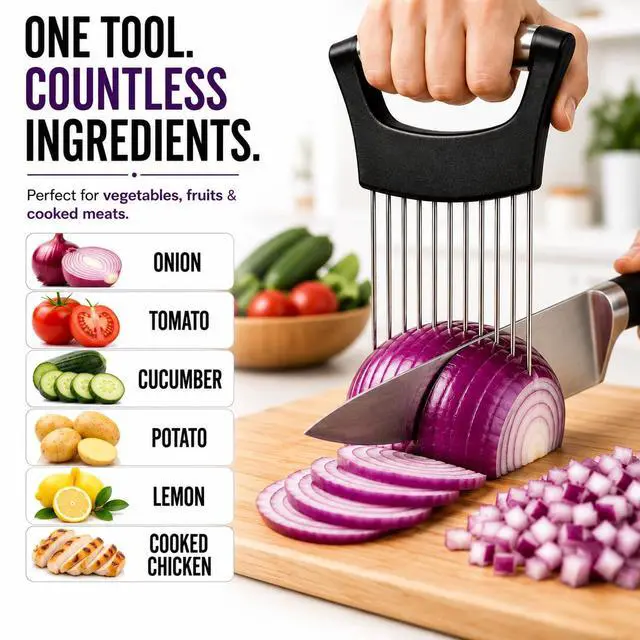 Alt view image 6 of 7 - Slicer Holder, 304 Stainless Steel Onion Cutter Tool with 10 Prongs, Vegetable Cutting Guide for Safe & Even Slicing, Food Prep Holder for Onion, Tomato & Potato