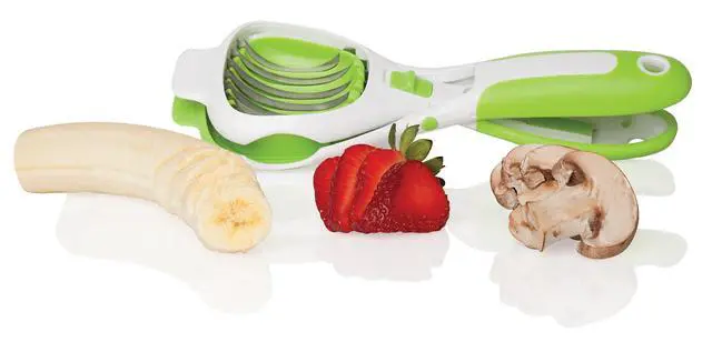 Alt view image 2 of 6 - Handy Dandy Slicer For Eggs, Fruit, Mushrooms, Stainless Steel Blades, Non-Slip Grip, Spring-Loaded Action