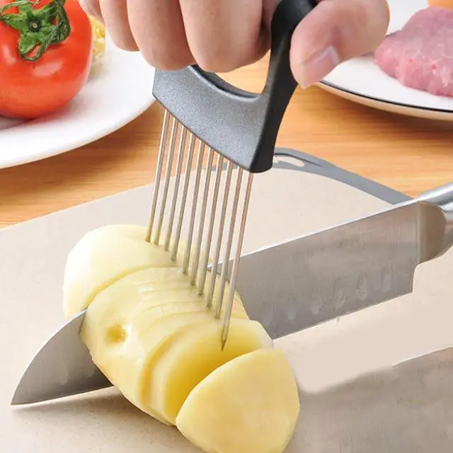 Alt view image 4 of 7 - Stainless Steel Onion Slicer Holder with Finger Guards, Multi-Purpose Fruit Vegetable Cutting Kitchen Tool