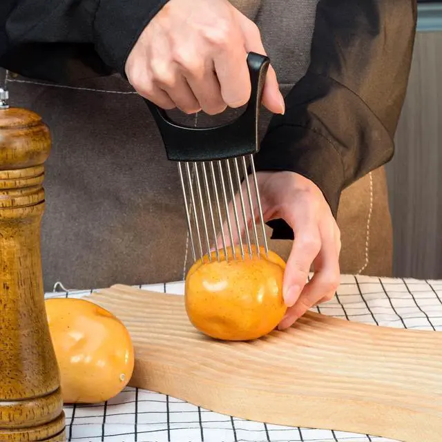 Alt view image 5 of 7 - Stainless Steel Onion Slicer Holder with Finger Guards, Multi-Purpose Fruit Vegetable Cutting Kitchen Tool