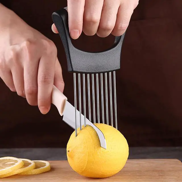 Alt view image 6 of 7 - Stainless Steel Onion Slicer Holder with Finger Guards, Multi-Purpose Fruit Vegetable Cutting Kitchen Tool
