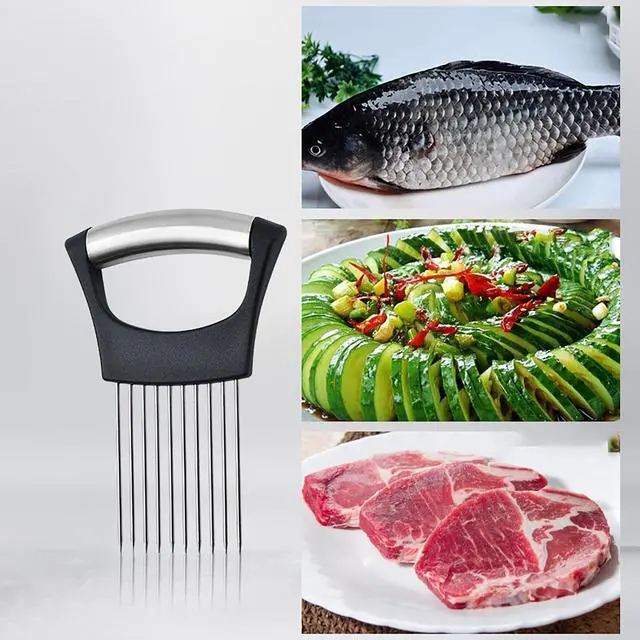 Alt view image 7 of 7 - Stainless Steel Onion Slicer Holder with Finger Guards, Multi-Purpose Fruit Vegetable Cutting Kitchen Tool
