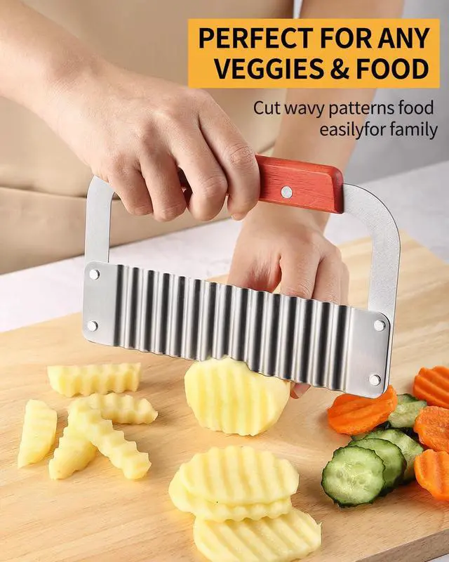 Alt view image 3 of 7 - Crinkle Cutter Stainless Steel Potato Slicer Heavy Duty Wavy Crinkle Cutting Chopping Tools with Wooden Handle for Carrot Veggies