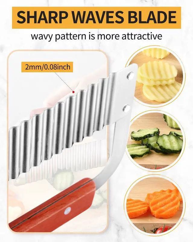 Alt view image 4 of 7 - Crinkle Cutter Stainless Steel Potato Slicer Heavy Duty Wavy Crinkle Cutting Chopping Tools with Wooden Handle for Carrot Veggies