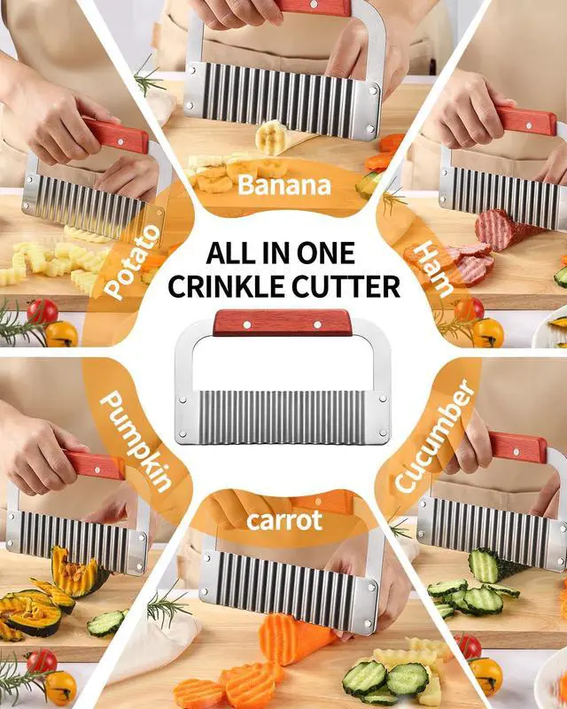 Alt view image 6 of 7 - Crinkle Cutter Stainless Steel Potato Slicer Heavy Duty Wavy Crinkle Cutting Chopping Tools with Wooden Handle for Carrot Veggies