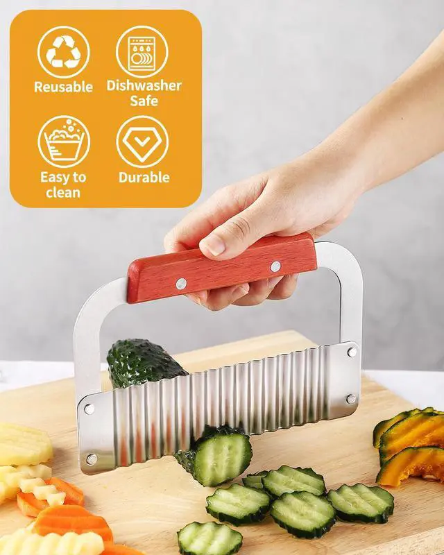 Alt view image 7 of 7 - Crinkle Cutter Stainless Steel Potato Slicer Heavy Duty Wavy Crinkle Cutting Chopping Tools with Wooden Handle for Carrot Veggies