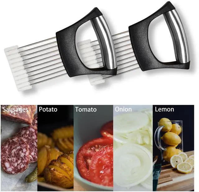 Alt view image 3 of 4 - Onion Slicer Holder Stainless Steel Meat Holder, Meat Chopper | Multi-Purpose Kitchen Safety Tool for Fruits, Vegetables & Meat | Easy Clean, Uniform Slices | (Black)