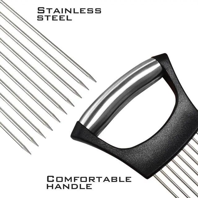 Alt view image 2 of 4 - Onion Slicer Holder Stainless Steel Meat Holder, Meat Chopper | Multi-Purpose Kitchen Safety Tool for Fruits, Vegetables & Meat | Easy Clean, Uniform Slices | (Black)