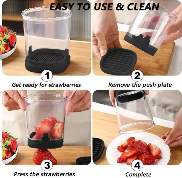 Alt view image 5 of 7 - Fruit Slicer Cup,Strawberry Cutter Slicer with Stainless Blades for Egg Banana Cucumber Mushroom,Detachable Kitchen Gadget Tool Vegetable Salad Cut Slice -Precision Berry Cutter Black