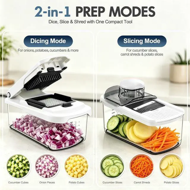 Alt view image 2 of 7 - Food Chopper with Container, Manual Mandolin Vegetable Slicer Onion Dicer with 8 Blades, Hand Veggie Shredder for Potato, Tomato, Essential Kitchen Gadgets (8 in 1, White)