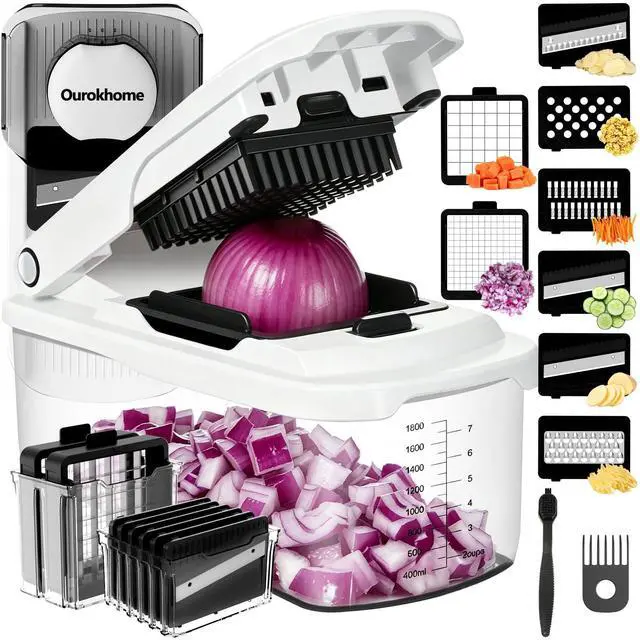 Main image of Food Chopper with Container, Manual Mandolin Vegetable Slicer Onion Dicer with 8 Blades, Hand Veggie Shredder for Potato, Tomato, Essential Kitchen Gadgets (8 in 1, White)