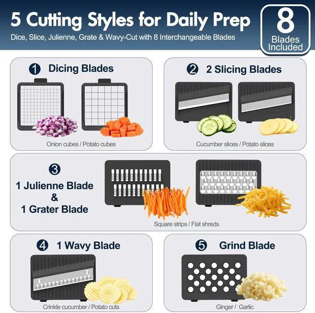 Alt view image 4 of 7 - Food Chopper with Container, Manual Mandolin Vegetable Slicer Onion Dicer with 8 Blades, Hand Veggie Shredder for Potato, Tomato, Essential Kitchen Gadgets (8 in 1, White)