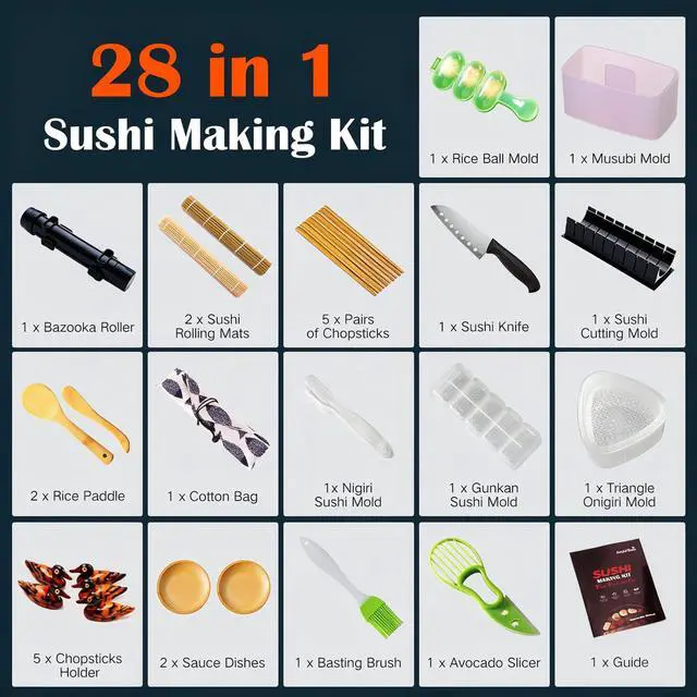 Alt view image 6 of 7 - Sushi Making Kit, 28 in 1 Sushi Roller Kit with Bamboo Mats, Sushi Bazooka, Nigiri Gunkan Sushi Mold, Musubi Maker, Rice Ball Mold & More