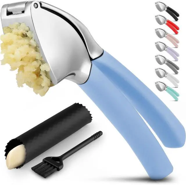 Main image of Grip Garlic Press - Garlic Mincer Tool - Garlic Crusher - Garlic Press Mincer Rust Proof, with Soft Ergonomic Handle, Easy Clean Set with Peeler and Brush - Baby Blue