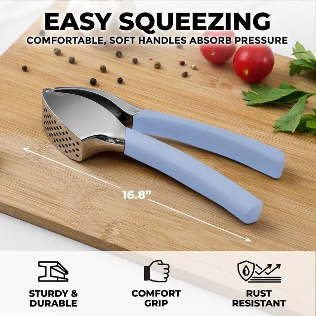 Alt view image 2 of 7 - Grip Garlic Press - Garlic Mincer Tool - Garlic Crusher - Garlic Press Mincer Rust Proof, with Soft Ergonomic Handle, Easy Clean Set with Peeler and Brush - Baby Blue