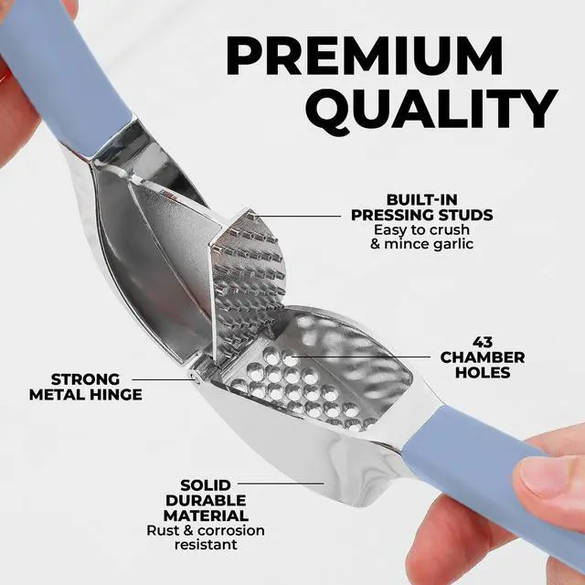 Alt view image 3 of 7 - Grip Garlic Press - Garlic Mincer Tool - Garlic Crusher - Garlic Press Mincer Rust Proof, with Soft Ergonomic Handle, Easy Clean Set with Peeler and Brush - Baby Blue