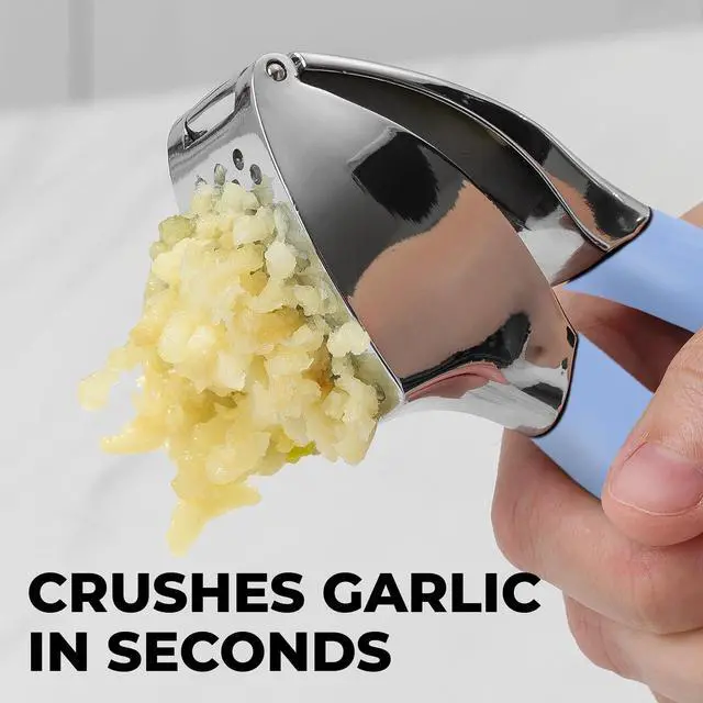 Alt view image 5 of 7 - Grip Garlic Press - Garlic Mincer Tool - Garlic Crusher - Garlic Press Mincer Rust Proof, with Soft Ergonomic Handle, Easy Clean Set with Peeler and Brush - Baby Blue