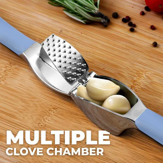 Alt view image 4 of 7 - Grip Garlic Press - Garlic Mincer Tool - Garlic Crusher - Garlic Press Mincer Rust Proof, with Soft Ergonomic Handle, Easy Clean Set with Peeler and Brush - Baby Blue