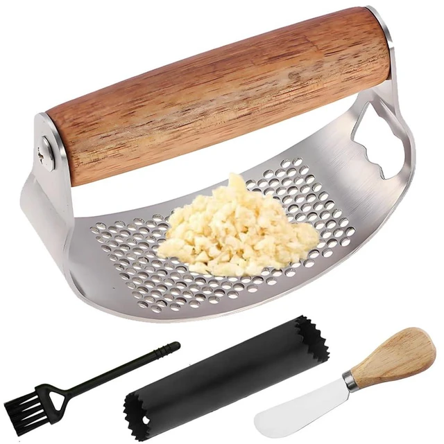 Main image of Garlic Press Rocker Stainless Steel Ginger Crusher, Garlic Mincer and Squeezer Kitchen Gadget with Ergonomic handle, Silicone Tube Garlic Peeler, Scraper and Cleaning Brush Tool Set