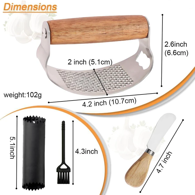 Alt view image 2 of 7 - Garlic Press Rocker Stainless Steel Ginger Crusher, Garlic Mincer and Squeezer Kitchen Gadget with Ergonomic handle, Silicone Tube Garlic Peeler, Scraper and Cleaning Brush Tool Set