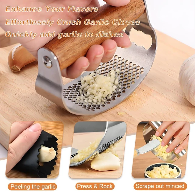 Alt view image 3 of 7 - Garlic Press Rocker Stainless Steel Ginger Crusher, Garlic Mincer and Squeezer Kitchen Gadget with Ergonomic handle, Silicone Tube Garlic Peeler, Scraper and Cleaning Brush Tool Set