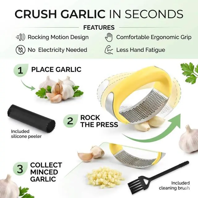 Alt view image 2 of 7 - Stainless Steel Garlic Press Rocker Set with Silicone Garlic Peeler & Cleaning Brush Garlic Chopper, Mincer, Grater, Crusher Easy for Crushed Cloves Rust-Resistant, Yellow