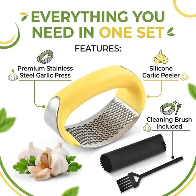 Alt view image 5 of 7 - Stainless Steel Garlic Press Rocker Set with Silicone Garlic Peeler & Cleaning Brush Garlic Chopper, Mincer, Grater, Crusher Easy for Crushed Cloves Rust-Resistant, Yellow