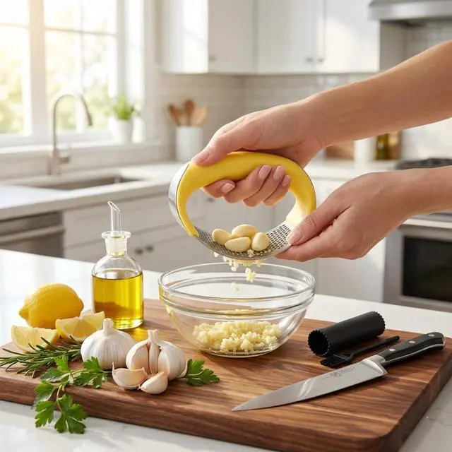 Alt view image 6 of 7 - Stainless Steel Garlic Press Rocker Set with Silicone Garlic Peeler & Cleaning Brush Garlic Chopper, Mincer, Grater, Crusher Easy for Crushed Cloves Rust-Resistant, Yellow