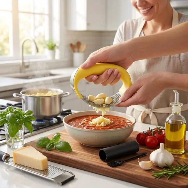 Alt view image 7 of 7 - Stainless Steel Garlic Press Rocker Set with Silicone Garlic Peeler & Cleaning Brush Garlic Chopper, Mincer, Grater, Crusher Easy for Crushed Cloves Rust-Resistant, Yellow
