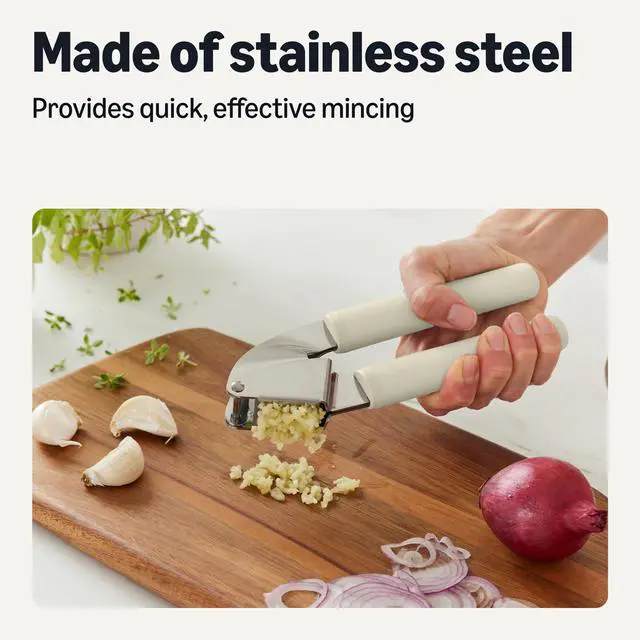 Alt view image 3 of 7 - Garlic Press, Stainless Steel, Soft Grip Handle, Dishwasher-Safe, Linen Gray