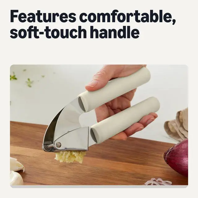 Alt view image 4 of 7 - Garlic Press, Stainless Steel, Soft Grip Handle, Dishwasher-Safe, Linen Gray