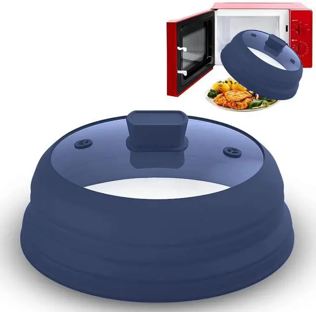 Main image of Microwave Splatter Cover Glass 11.8 Inch - Collapsible Microwave Splatter Cover for Plate & Bowl - Tempered Glass Top, Food-Grade Silicone Dome with Heating Vents & Heat-Safe Handle (BLUE DARK)
