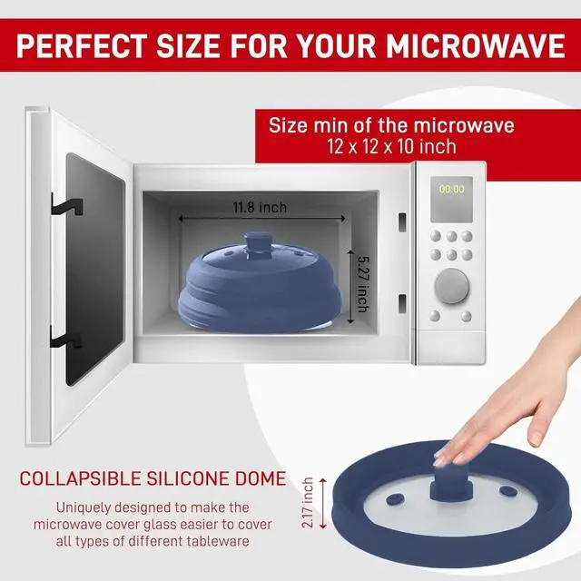 Alt view image 2 of 7 - Microwave Splatter Cover Glass 11.8 Inch - Collapsible Microwave Splatter Cover for Plate & Bowl - Tempered Glass Top, Food-Grade Silicone Dome with Heating Vents & Heat-Safe Handle (BLUE DARK)