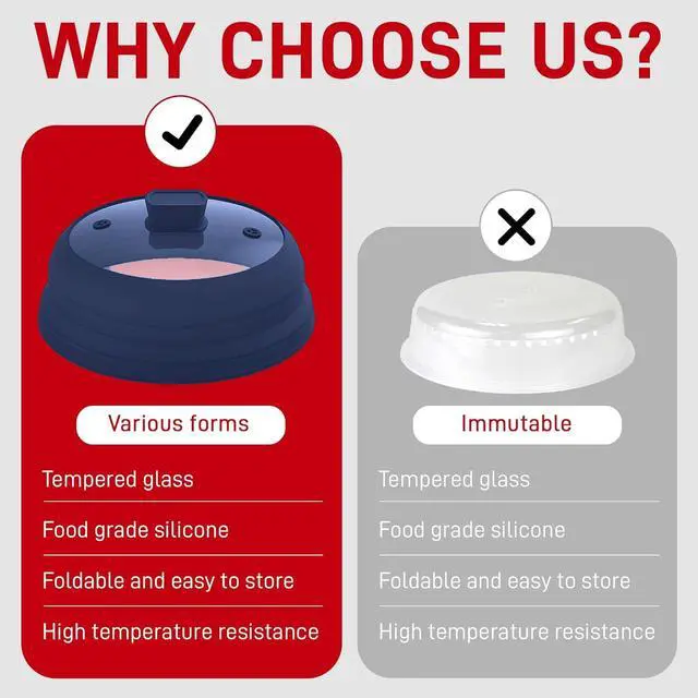 Alt view image 6 of 7 - Microwave Splatter Cover Glass 11.8 Inch - Collapsible Microwave Splatter Cover for Plate & Bowl - Tempered Glass Top, Food-Grade Silicone Dome with Heating Vents & Heat-Safe Handle (BLUE DARK)
