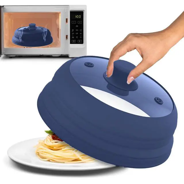 Alt view image 7 of 7 - Microwave Splatter Cover Glass 11.8 Inch - Collapsible Microwave Splatter Cover for Plate & Bowl - Tempered Glass Top, Food-Grade Silicone Dome with Heating Vents & Heat-Safe Handle (BLUE DARK)
