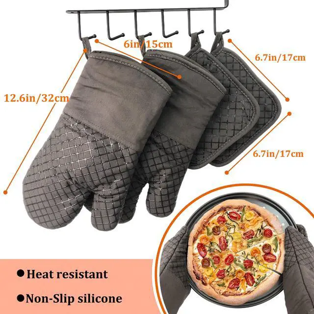 Alt view image 2 of 7 - Oven Mitts and Pot Holders,500°F High Heat Resistant Kitchen Oven Mitts with Pot Holders,Long Oven Mitts with Recycled Cotton Infill and Silicone Non-Slip Surface for Baking and Cooking(Grey)