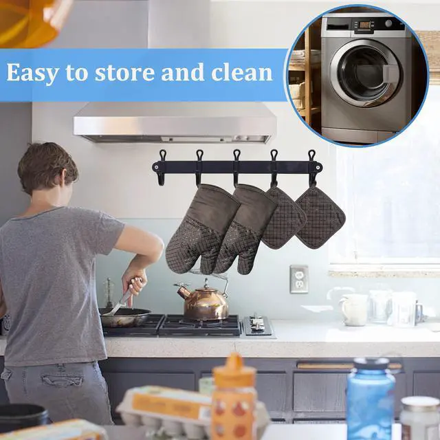 Alt view image 5 of 7 - Oven Mitts and Pot Holders,500°F High Heat Resistant Kitchen Oven Mitts with Pot Holders,Long Oven Mitts with Recycled Cotton Infill and Silicone Non-Slip Surface for Baking and Cooking(Grey)