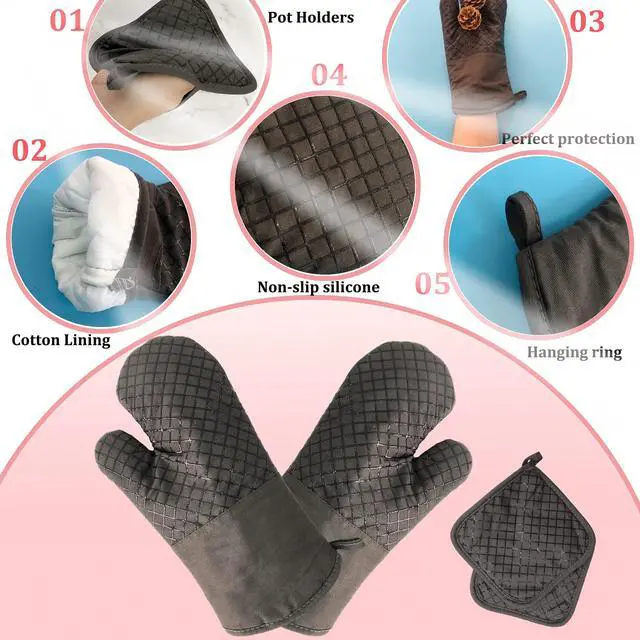 Alt view image 3 of 7 - Oven Mitts and Pot Holders,500°F High Heat Resistant Kitchen Oven Mitts with Pot Holders,Long Oven Mitts with Recycled Cotton Infill and Silicone Non-Slip Surface for Baking and Cooking(Grey)