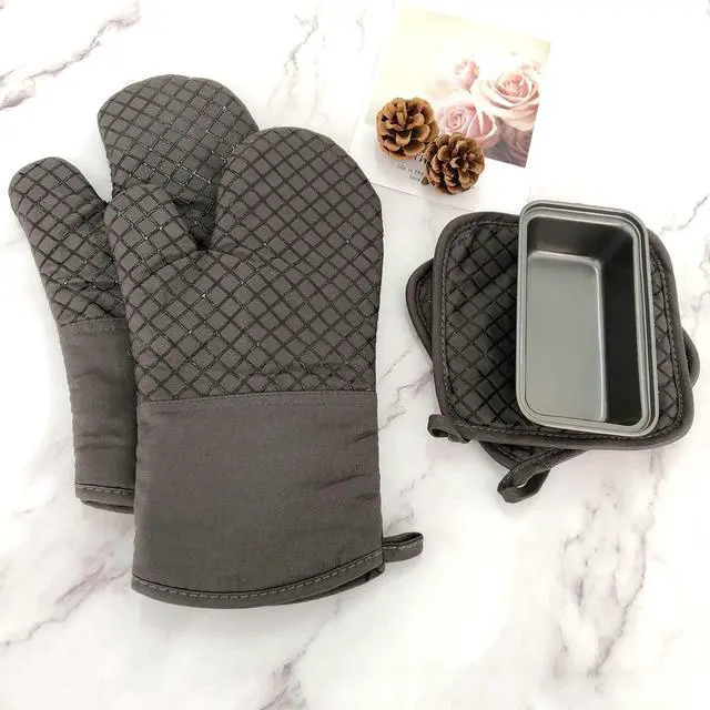 Alt view image 7 of 7 - Oven Mitts and Pot Holders,500°F High Heat Resistant Kitchen Oven Mitts with Pot Holders,Long Oven Mitts with Recycled Cotton Infill and Silicone Non-Slip Surface for Baking and Cooking(Grey)