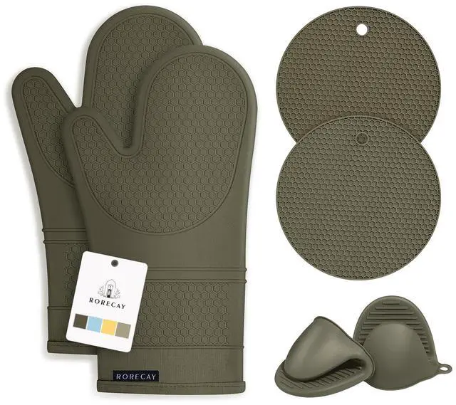Main image of Silicone Oven Mitts and Pot Holders Sets, Gloves for Kitchen, Olive
