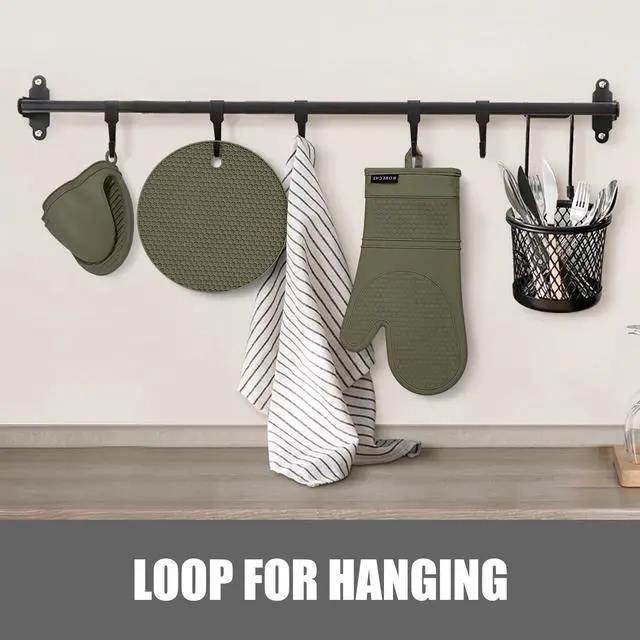 Alt view image 7 of 7 - Silicone Oven Mitts and Pot Holders Sets, Gloves for Kitchen, Olive