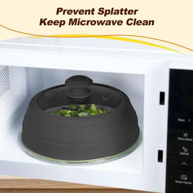 Alt view image 2 of 7 - Microwave Splatter Cover, Vented Silicone & Glass Anti-Splatter Lid with Handle, Collapsible Food Plate Cover Fits 611 Inch Plates and Bowls (Black, 10.8inch)