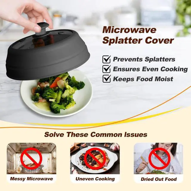 Alt view image 3 of 7 - Microwave Splatter Cover, Vented Silicone & Glass Anti-Splatter Lid with Handle, Collapsible Food Plate Cover Fits 611 Inch Plates and Bowls (Black, 10.8inch)